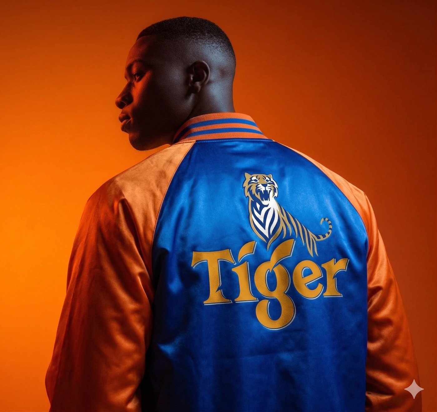 Tiger varsity bomber — back, on model